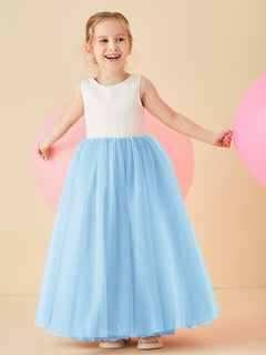 Satin Tulle V-Back Floor-length Flower Girl Dress Sky Blue