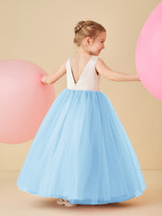 Satin Tulle V-Back Floor-length Flower Girl Dress Sky Blue