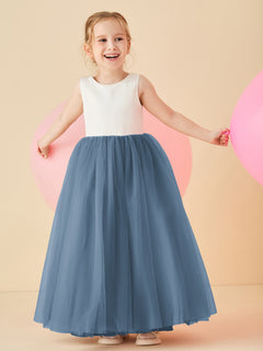 Satin Tulle V-Back Floor-length Flower Girl Dress Slate Blue