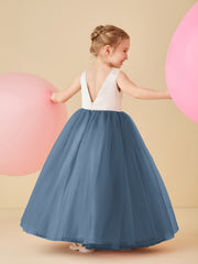 Satin Tulle V-Back Floor-length Flower Girl Dress Slate Blue