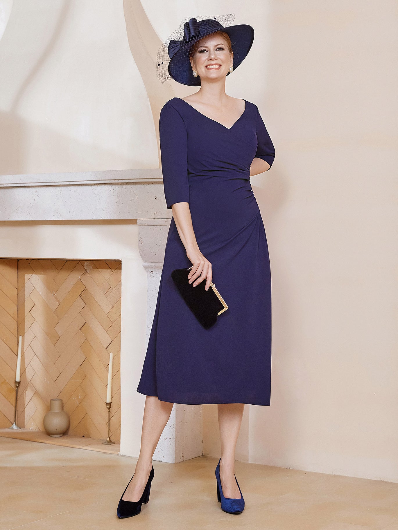 knee length dresses for ladies ever BRISTOL|Glitter Long Sleeve V-Neck A-Line Midi Wedding Guest Dress main image 0