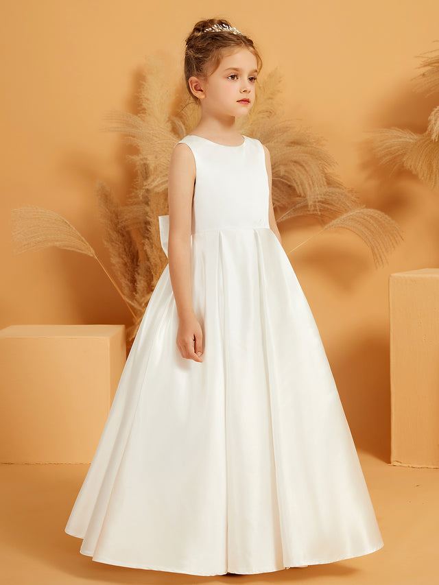 Off-the-shoulder Satin Long Flower Girl Dress with Bow Lilac