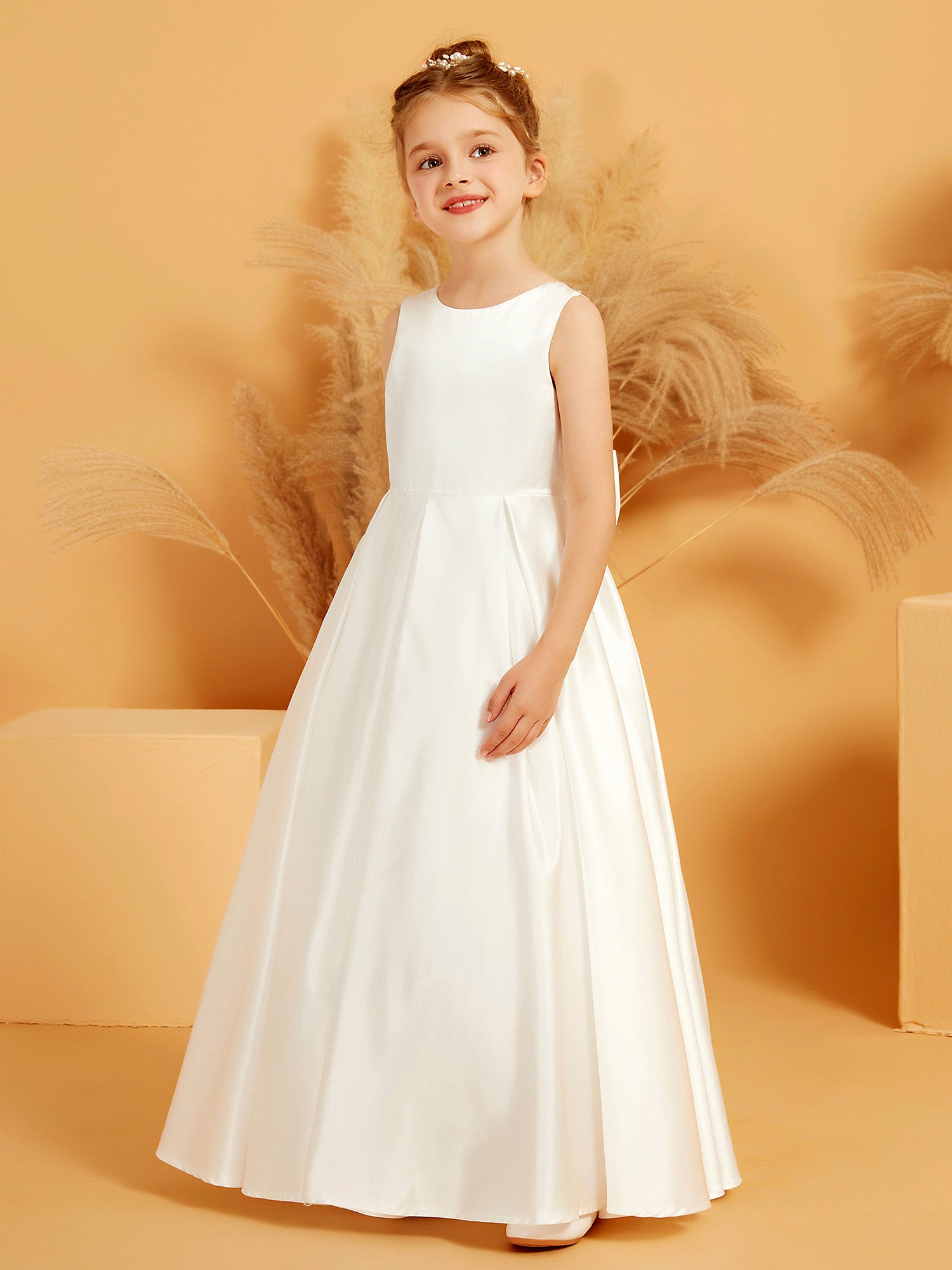 Elegant Satin A line Flower Girl Dress with Bow BABARONI