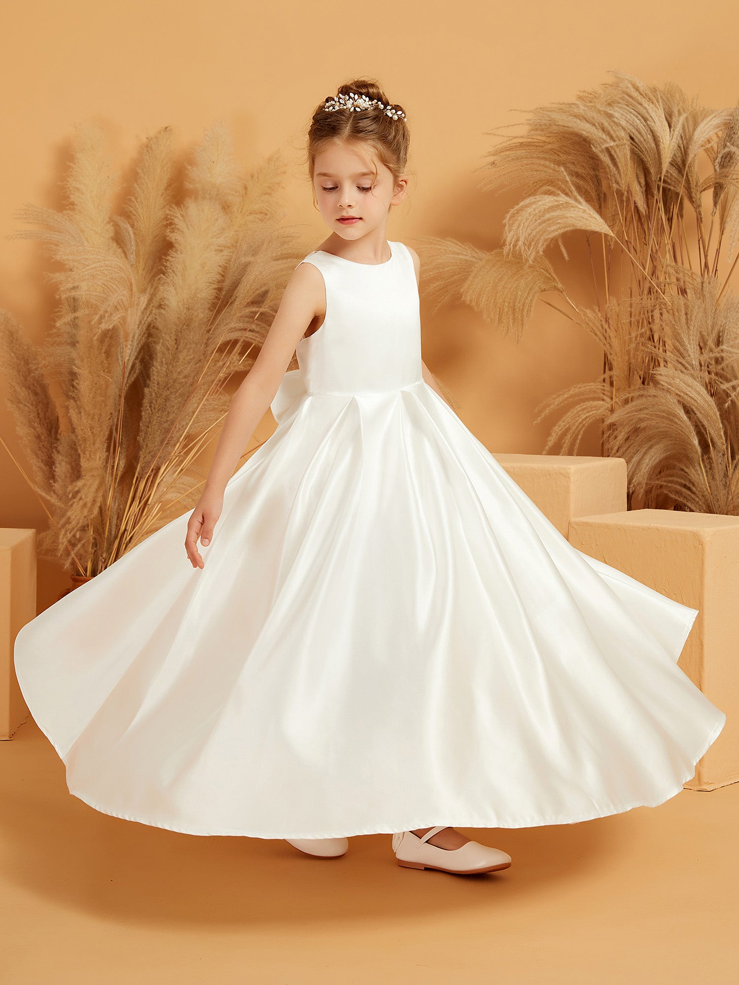 Elegant Satin A line Flower Girl Dress with Bow BABARONI