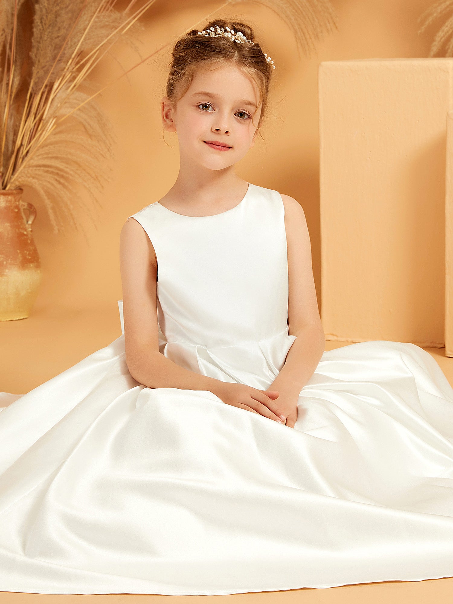 Elegant Satin A line Flower Girl Dress with Bow BABARONI