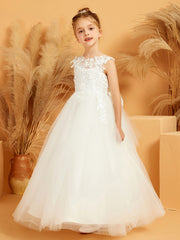 Ball-Gown/Princess Illusion Appliqued Flower Girl Dress
