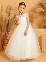 Ball-Gown/Princess Illusion Appliqued Flower Girl Dress