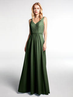 Lace Bodice Chiffon Skirt Maxi Dress with V-neck-Olive Green