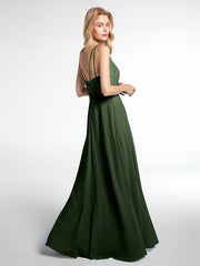 Lace Bodice Chiffon Skirt Maxi Dress with V-neck-Olive Green Plus Size