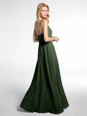 Lace Bodice Chiffon Skirt Maxi Dress with V-neck-Olive Green