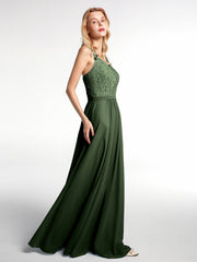 Lace Bodice Chiffon Skirt Maxi Dress with V-neck-Olive Green