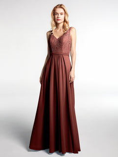 Lace Bodice Chiffon Skirt Maxi Dress with V-neck-Terracotta