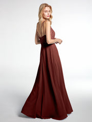Lace Bodice Chiffon Skirt Maxi Dress with V-neck-Terracotta Plus Size