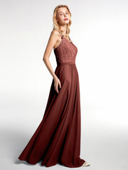 Lace Bodice Chiffon Skirt Maxi Dress with V-neck-Terracotta