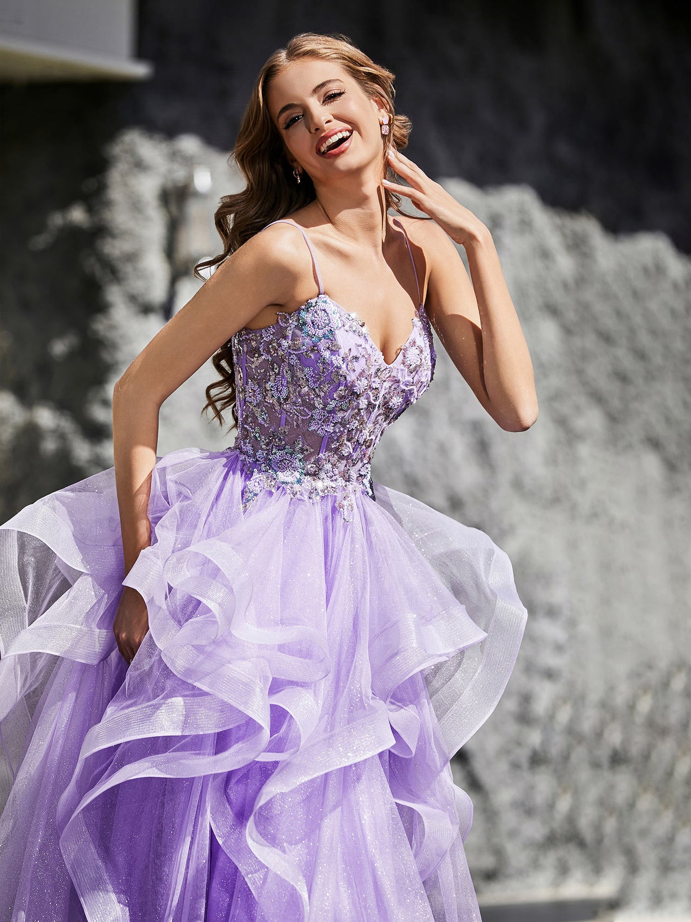 purple tulle prom dress BABARONI BABARONI Tulle Lilac Prom Dresses A-line Spaghetti Straps Ruffle Ruched Beaded, Lilac / US0