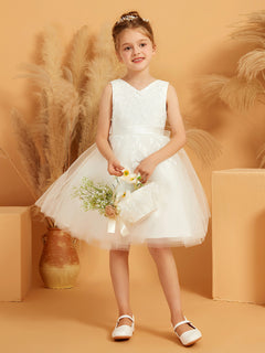 V-neck Knee-length Flower Girl Dress with Bow