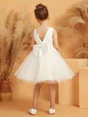 V-neck Knee-length Flower Girl Dress with Bow