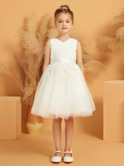 V-neck Knee-length Flower Girl Dress with Bow