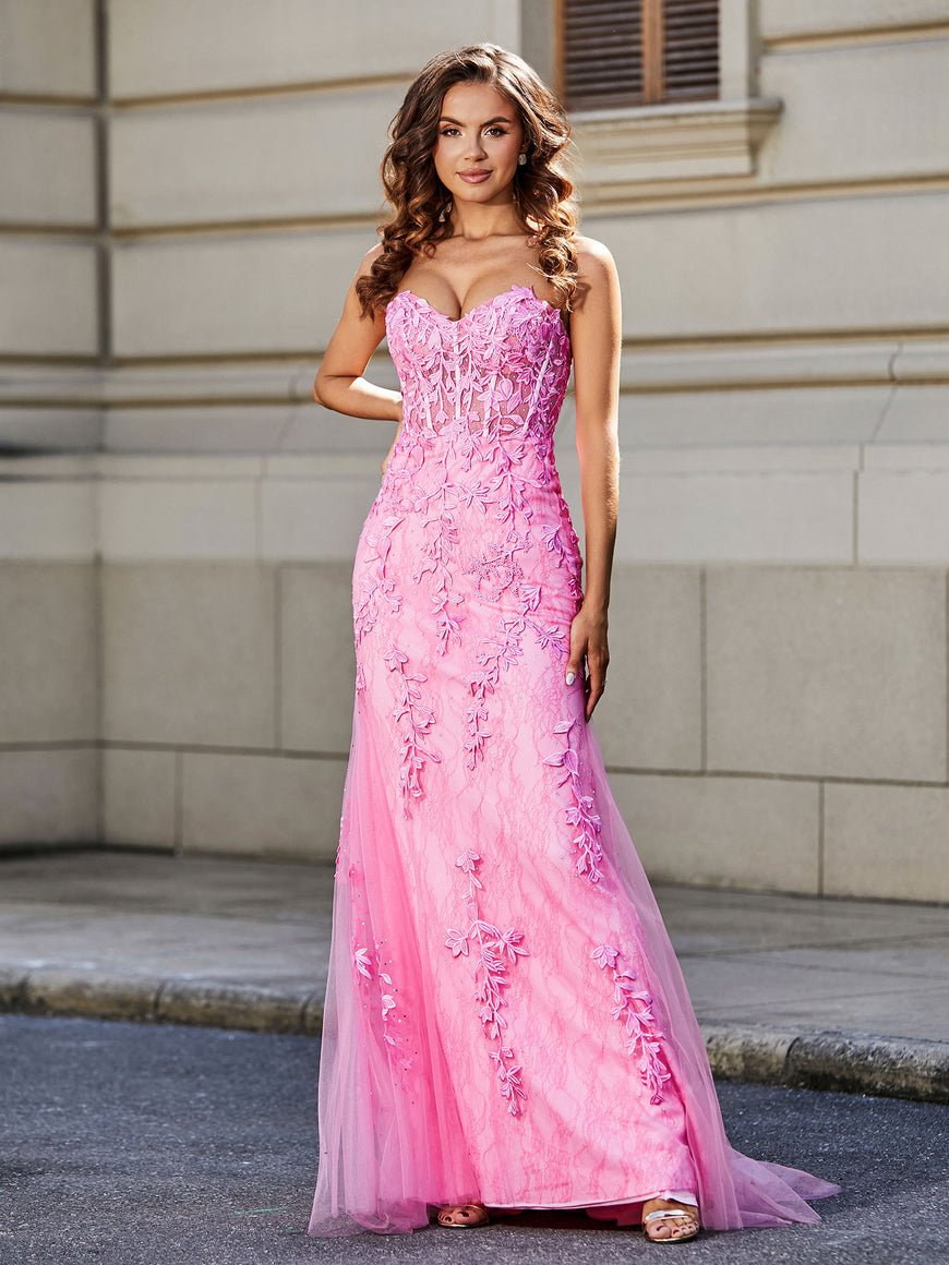 Gorgeous Pink Strapless Mermaid Sequin Ruffled Tulle Evening Gown DP7440