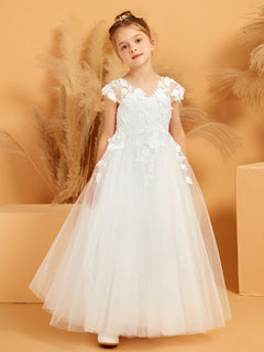 V-neck Floral Appliqued Ball Gown Tulle Flower Girl Dress