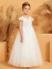 V-neck Floral Appliqued Ball Gown Tulle Flower Girl Dress