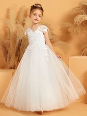V-neck Floral Appliqued Ball Gown Tulle Flower Girl Dress