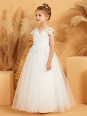 V-neck Floral Appliqued Ball Gown Tulle Flower Girl Dress