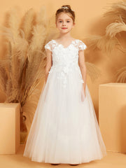 V-neck Floral Appliqued Ball Gown Tulle Flower Girl Dress
