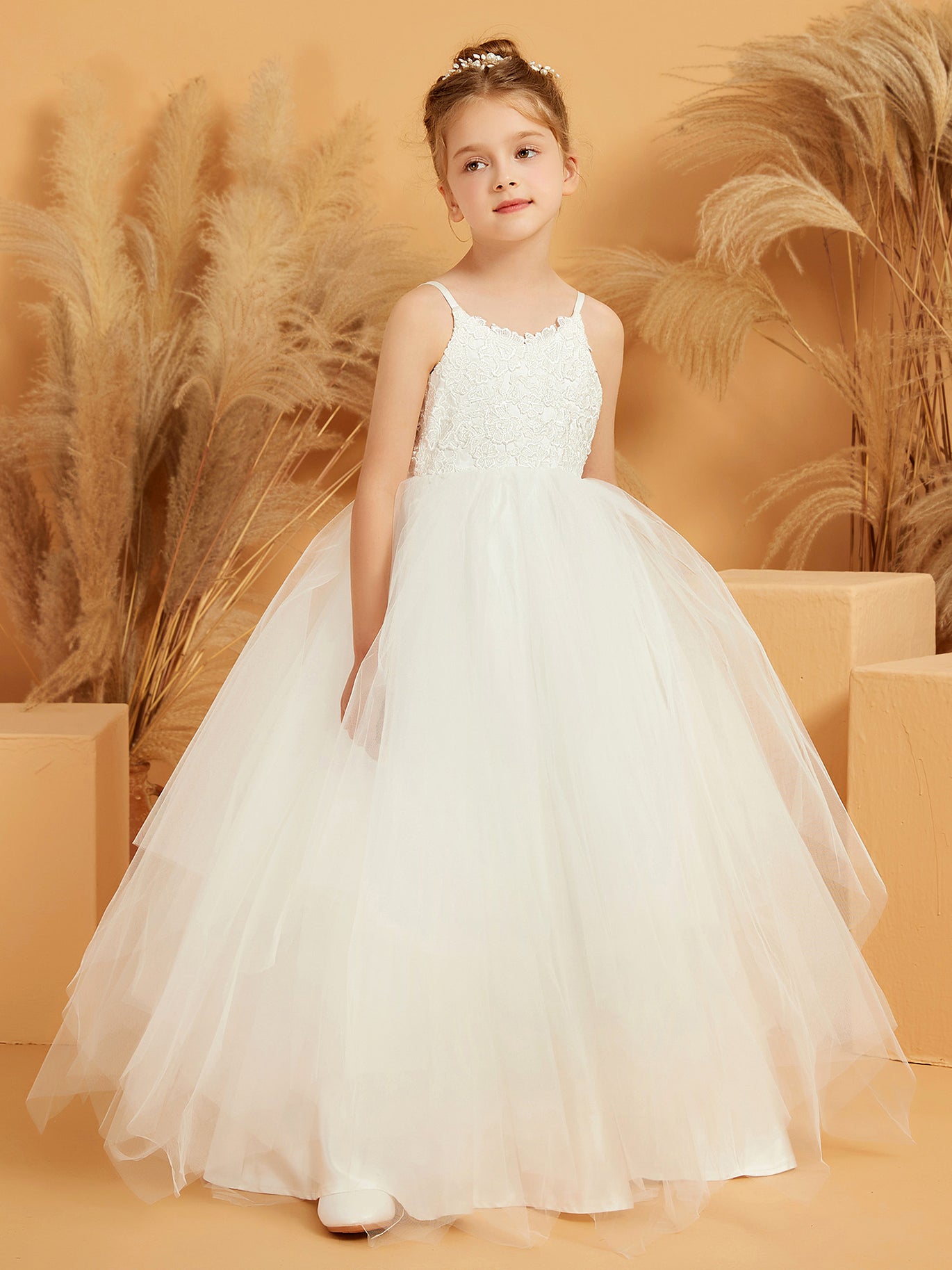 lanie floral appliqué & tulle a line wedding dress Intricate Floral Applique A-Line Tulle Wedding Dress – Tux-USA®
