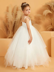 Lace Appliqued Spaghetti Straps Flower Girl Ball Gown Dress