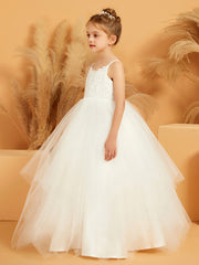 Lace Appliqued Spaghetti Straps Flower Girl Ball Gown Dress