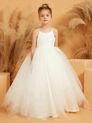 Lace Appliqued Spaghetti Straps Flower Girl Ball Gown Dress