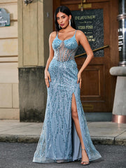 Sequin Corset High Slit Maxi Dress Slate Blue