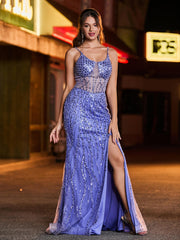 Sequin Corset High Slit Maxi Dress Lavender