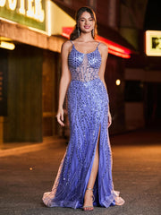 Sequin Corset High Slit Maxi Dress Lavender