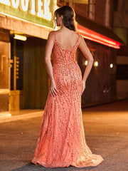 Sequin Corset High Slit Maxi Dress Orange