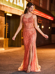 Sequin Corset High Slit Maxi Dress Orange