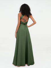 Princess Long Chiffon Dresses with Slit-Olive Green