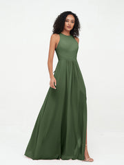 Princess Long Chiffon Dresses with Slit-Olive Green Plus Size