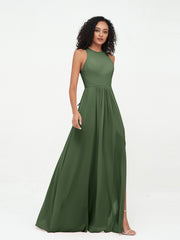 Princess Long Chiffon Dresses with Slit-Olive Green
