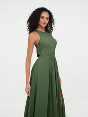 Princess Long Chiffon Dresses with Slit-Olive Green