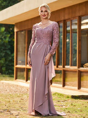 V-Neck Long Sleeves Chiffon Pleated Dress Dusk