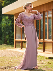 V-Neck Long Sleeves Chiffon Pleated Dress Dusk
