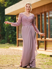 V-Neck Long Sleeves Chiffon Pleated Dress Dusk