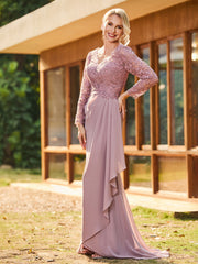 V-Neck Long Sleeves Chiffon Pleated Dress Dusk