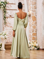 Sweetheart Neck A-line Long Sleeves High Slit Dresses Dusty Sage