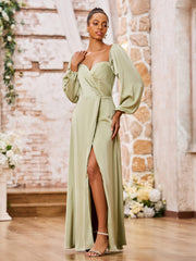 Sweetheart Neck A-line Long Sleeves High Slit Dresses Dusty Sage
