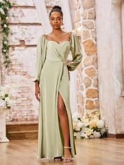 Sweetheart Neck A-line Long Sleeves High Slit Dresses Dusty Sage