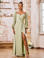 Sweetheart Neck A-line Long Sleeves High Slit Dresses Dusty Sage