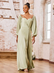 Sweetheart Neck A-line Long Sleeves High Slit Dresses Dusty Sage